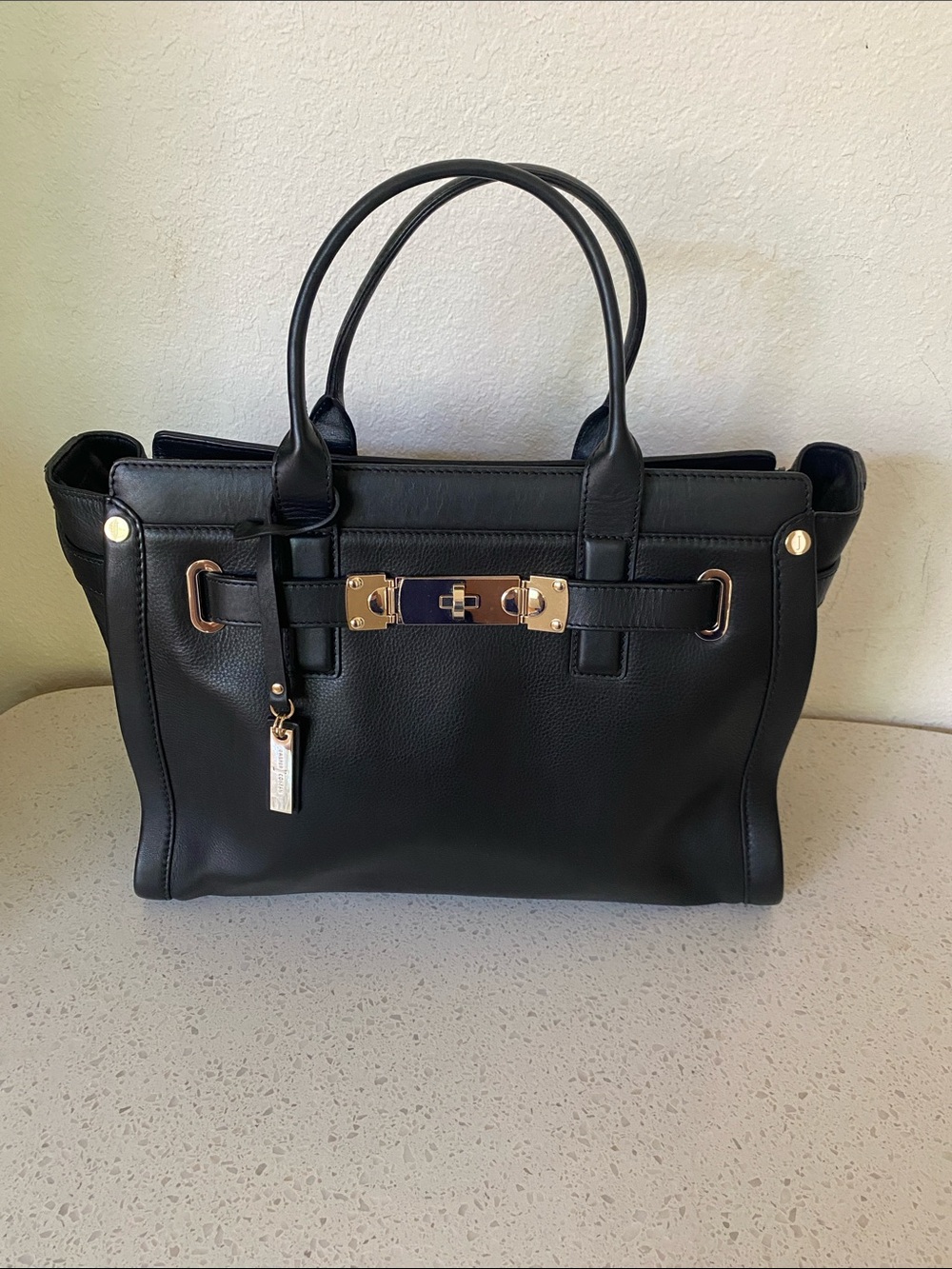 Structured Black Satchel with Gold-Tone Accent